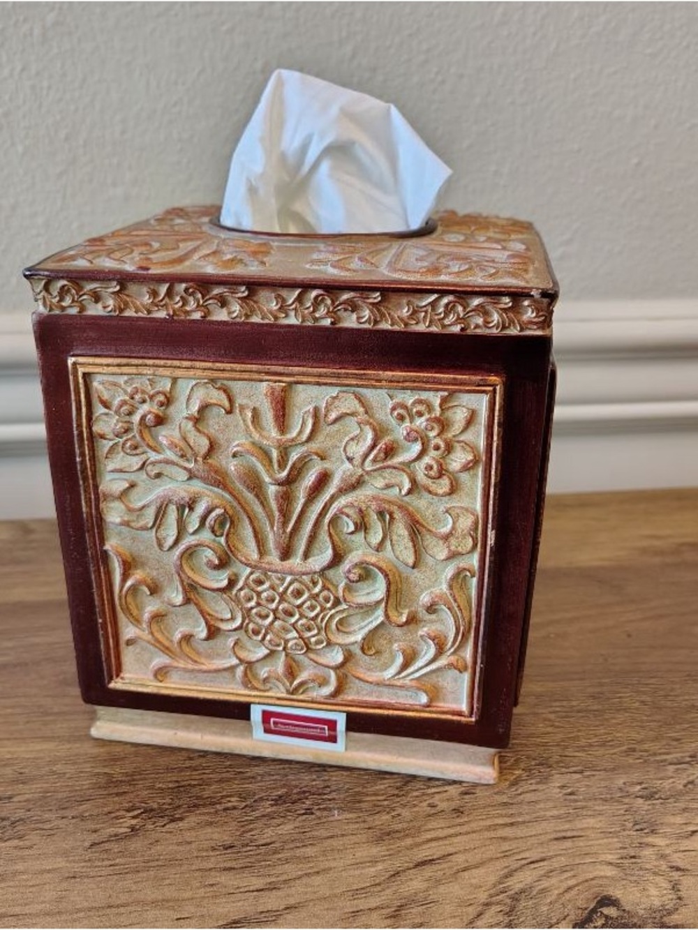 Vtg 90s Springmaid Tissue Box Cover Gold Scroll Floral Square Ceramic Ornate